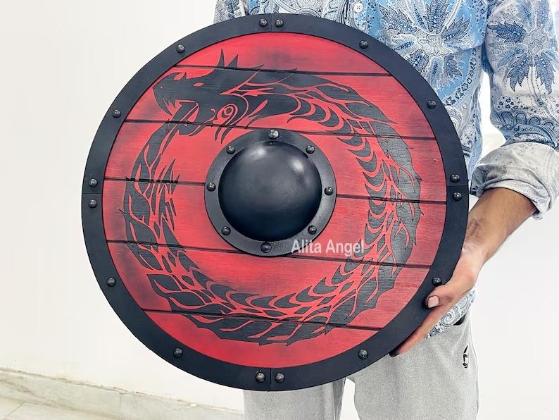 Handmade Wooden Viking Shield: Ouroboros Dragon, Battleworn Finish