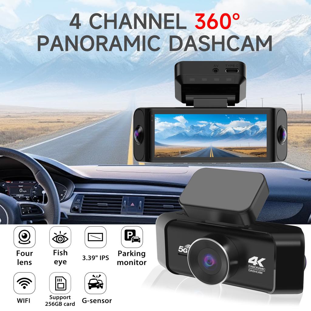 4K 360° Quad HD Dash Cam, Night Vision, WiFi, 4 Lenses, Rear Backup Camera