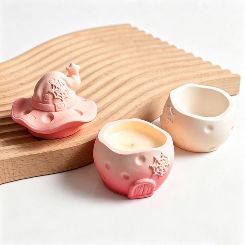 Witch Hat Silicone Candle Container Mould with Lid for Resin Casting, Mushroom House Silicone Mould for Halloween Decoration Storage Box Jewelry