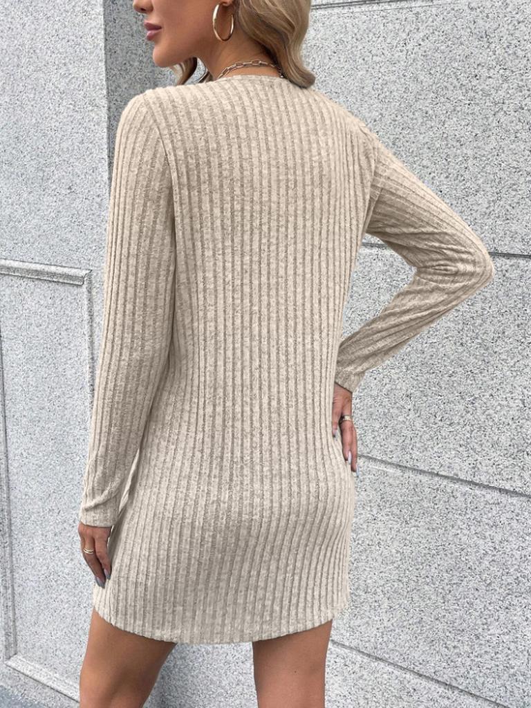 Spring/Autumn Women's Half Zipper Dress Solid Ribbed V-Neck Long Sleeve Elastic T-Shirt Dress