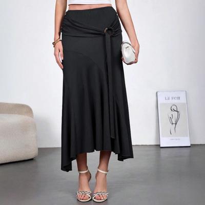 Jupe Midi Taille Haute Ourlet Asymétrique Taille à Nouer Jupe Évasée