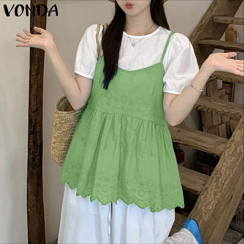 VONDA Women Short Sleeve Front Crochet Patchwork Fake Two Pieces Blouse