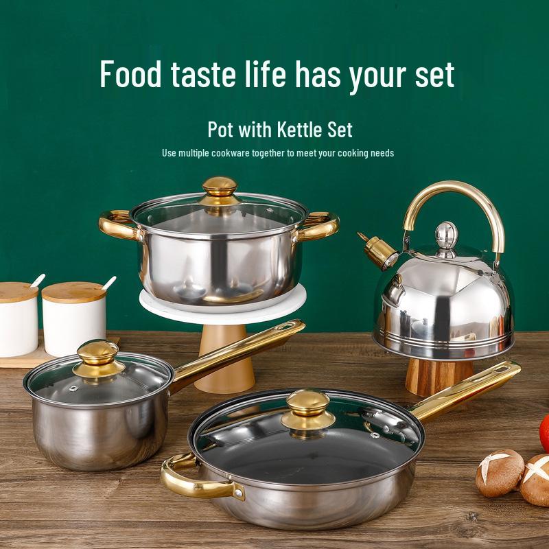 12-Piece Non-Stick Stainless Steel Cookware Set with Gold Handles and Kettle