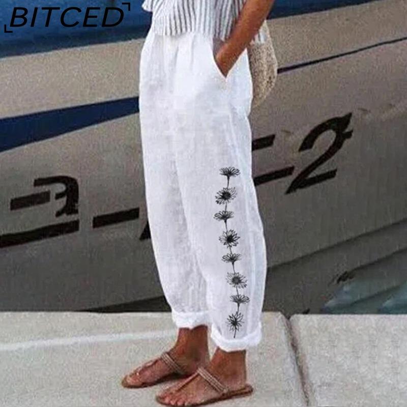 BITCED Fashion Popular Floral Print Harem Pants with Flower Pockets Mid Waist Trousers Streetwear