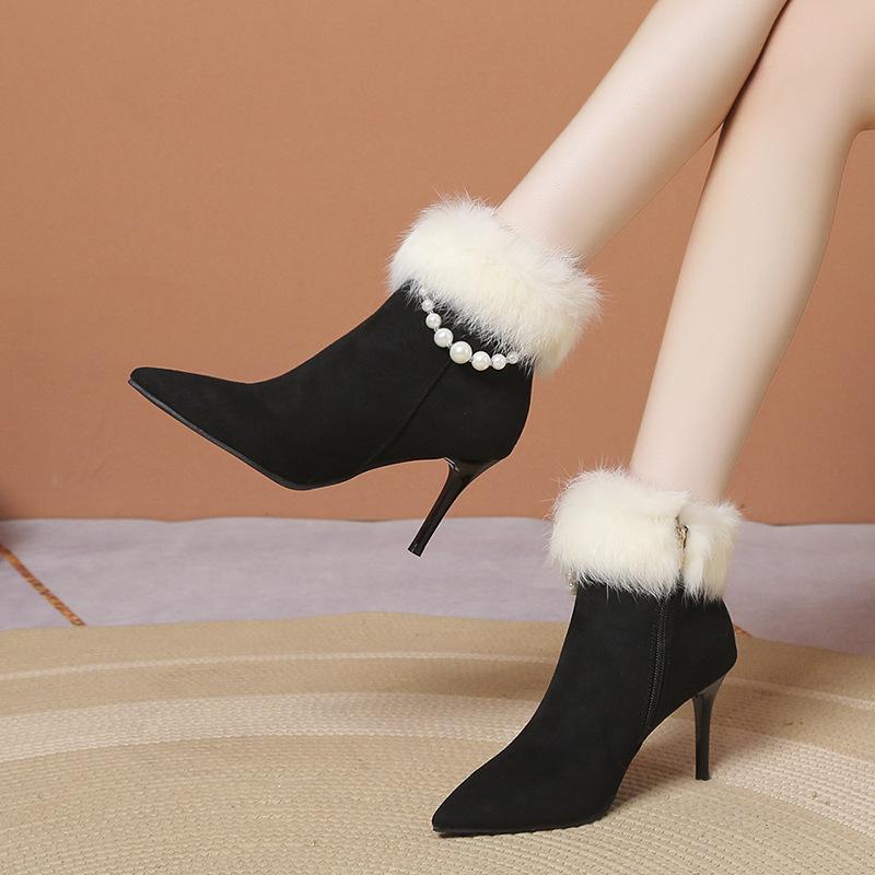 Fashion Rabbit Fur Winter Salsa Dance Boots 2024 Stiletto Women's High Heel Jazz Latin Dance Shoes 8.5cm Heel Rubber Sole Hot Sale