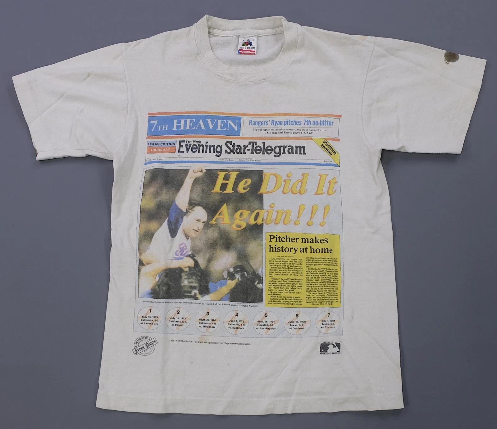Редкая винтажная футболка Nolan Ryan Texas Rangers No Hitter Newspaper 1991 90-е Белая S XL
