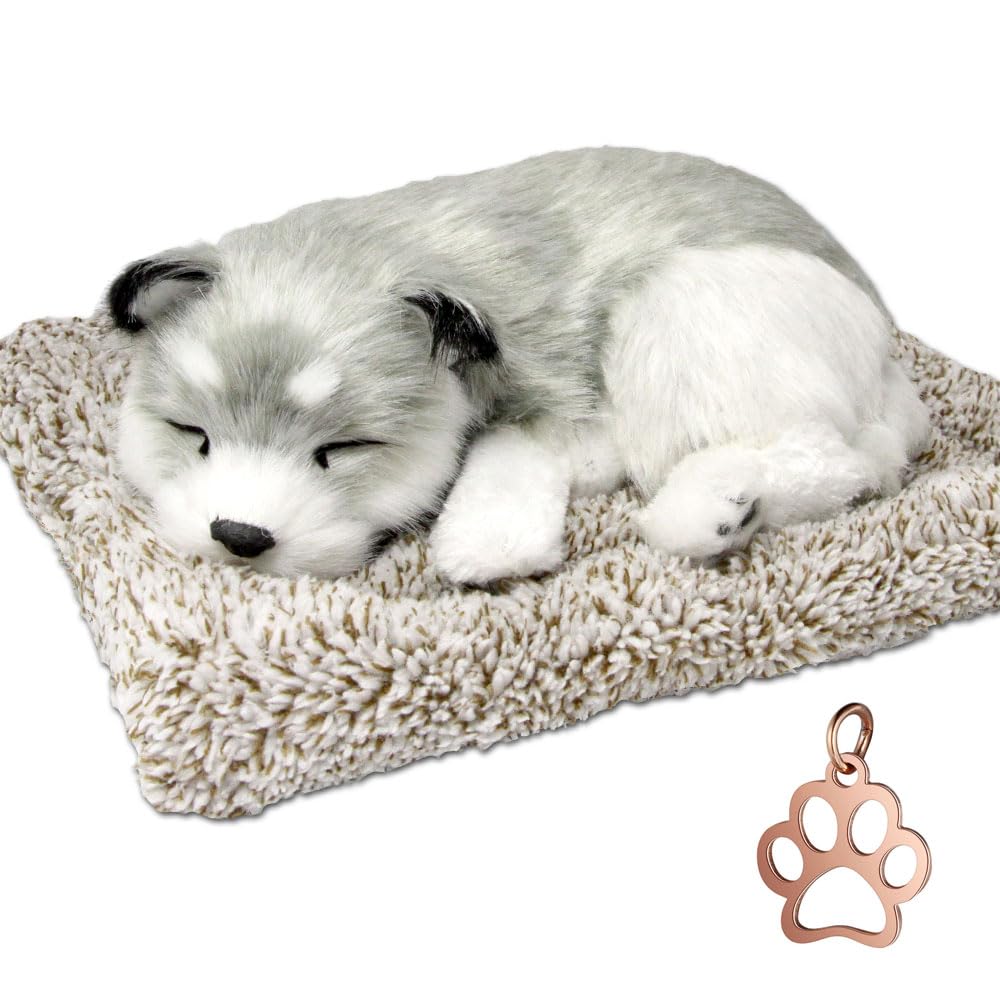 

TATOTTE Dog Sewn Wrap, Realistic Sleeping Dog Figurine with Activated Charm, Soothing Decor, Includes Paw Print Charm (Husky, K)