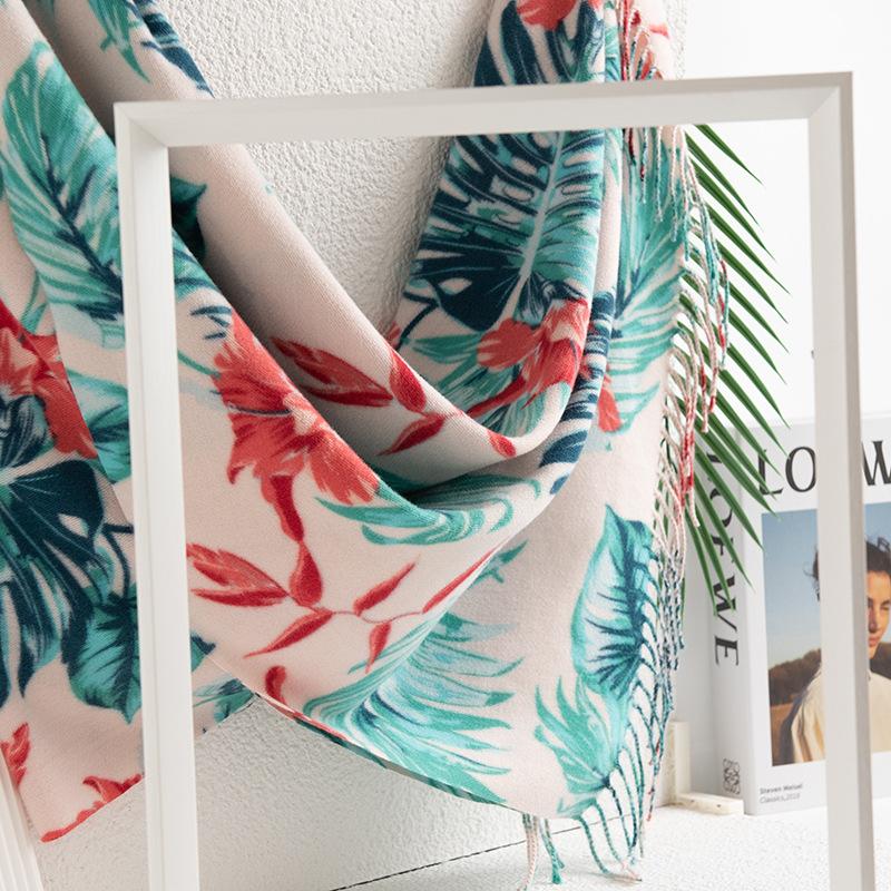 New soft and warm imitation cashmere leaf printing fringed scarf high-end women's spring and autumn scarf shawl