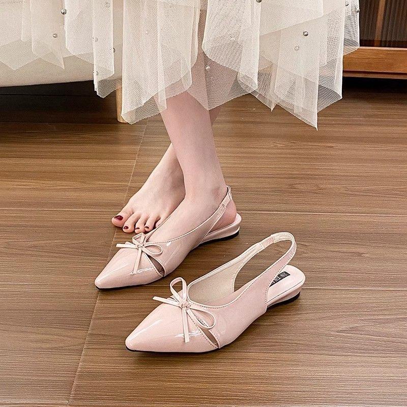 Spring and summer new beautiful pointed single shoes women's flat bottom bow empty bag head sandals