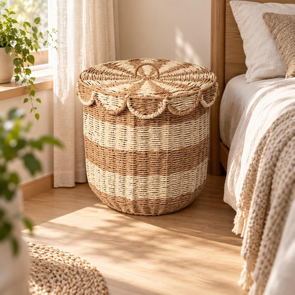 Handwoven Laundry Hamper with Lid Lightweight Woven Neutral Color