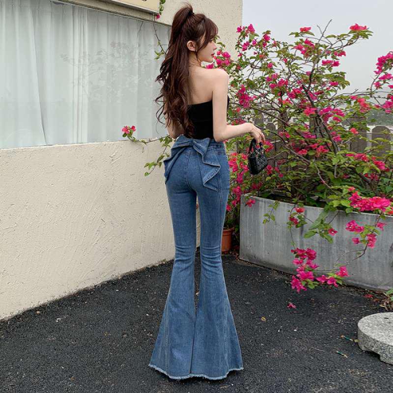 

3D Bowknot Denim Pants - Women s High Waist European Style Slim Bell Bottoms for Summer Medium синій