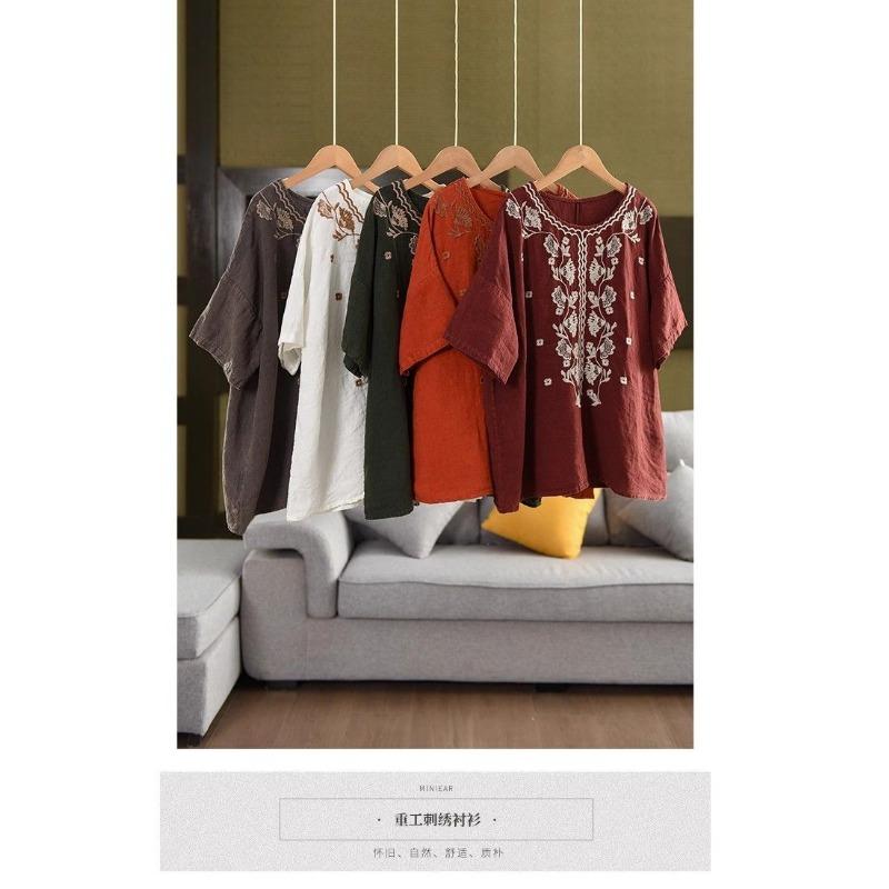 Heavy Embroidery Cotton and Linen Literary Loose Retro Temperament Round Neck Short-sleeved T-shirt Embroidered Versatile Summer New Top