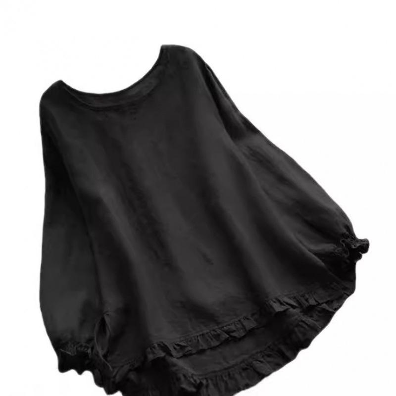 Women s European & American Cotton Linen Ruffle Hem Loose Long Sleeve Shirt S