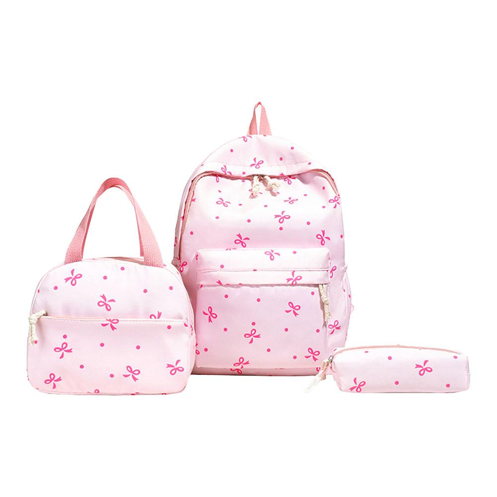 3Pcs Simple Backpack Set with Handbag & Pencil Case All-Match School Bag Bowknot Printed Cute Bowknot Backpack Trip Backpack