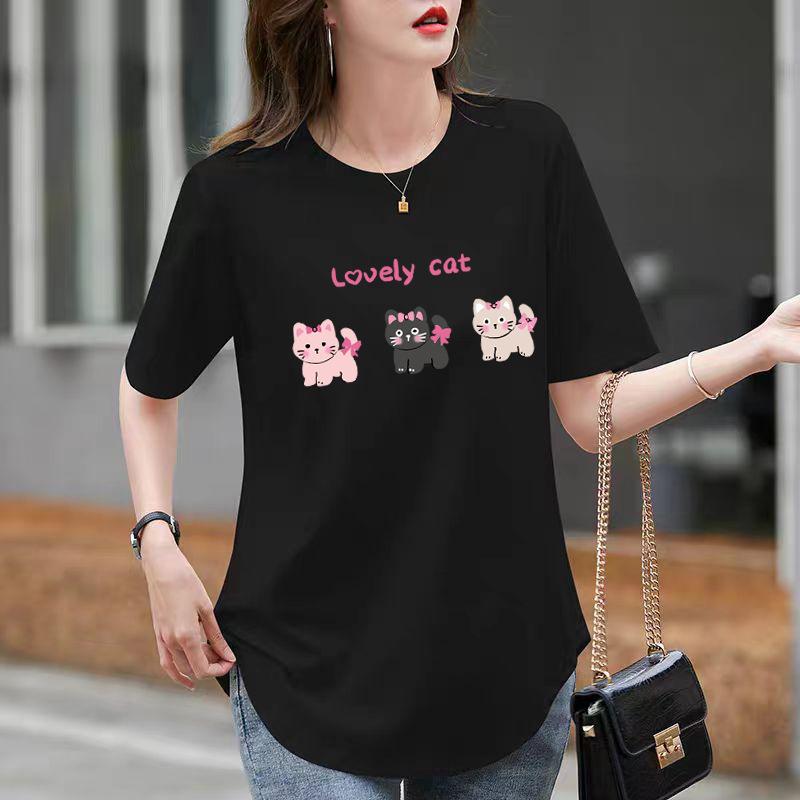 Loose White Cotton Round Neck Short-sleeved T-shirt for Women In Summer Curved Hem Slit Medium-length Style Covering Butt
