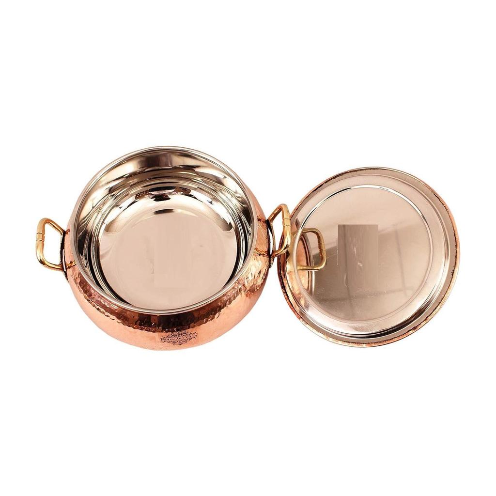 Steel Copper Big Casserole with Lid 2300 ML - Serving Indian Food Dishes Home Hotel Restaurant Tableware