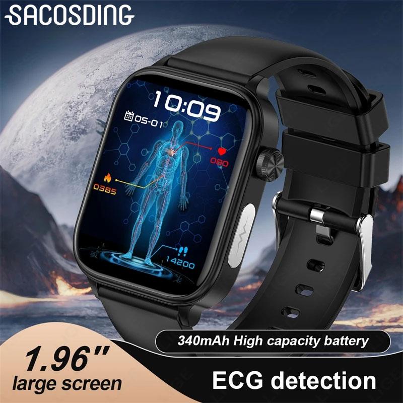 Pánské chytré hodinky SACOSDING EKG Bluetooth volání AI Voice SOS monitor krevního tlaku 1,96 palcové dámské sportovní chytré hodinky