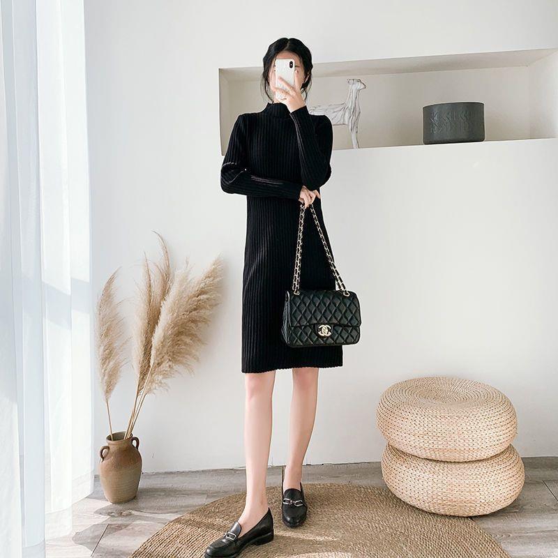 Plus-Size Women's Thickened Winter Long Knitted Wool Dress with Half-High Collar