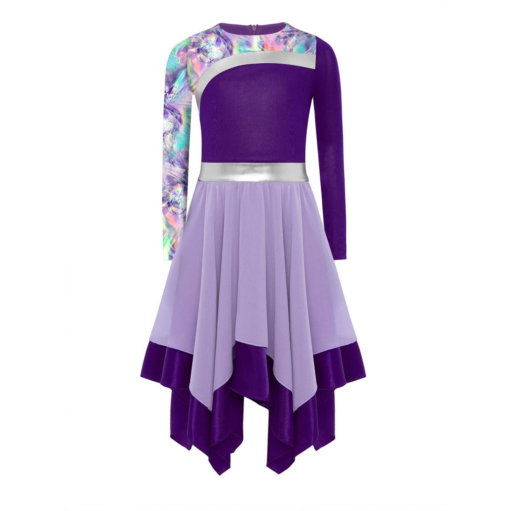 Girls Worship Dance Dress Long Sleeve Color Block Patchwork Irregular Hem Elegant Stage Performance Gown
