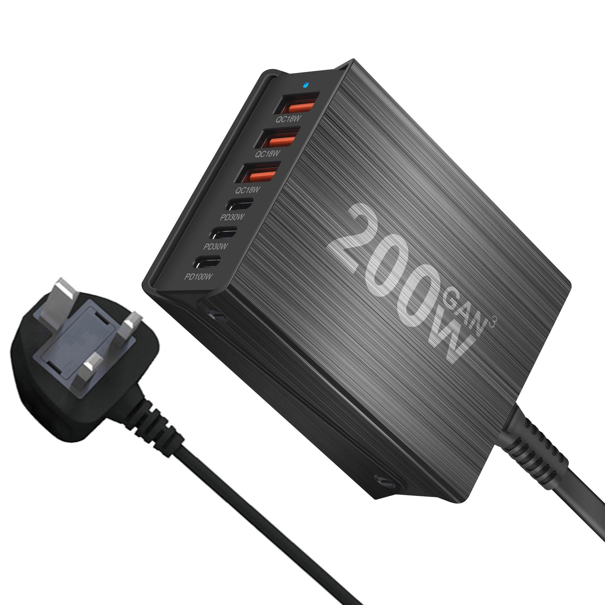 

200 Вт 6-портова GaN станція швидкої зарядки USB C зарядний пристрій Quick Charge QC PD 3.0 Type C швидкий зарядний пристрій для IPhone 16/15/14/13 Pro MacBook 3A3C UK Plug чорний