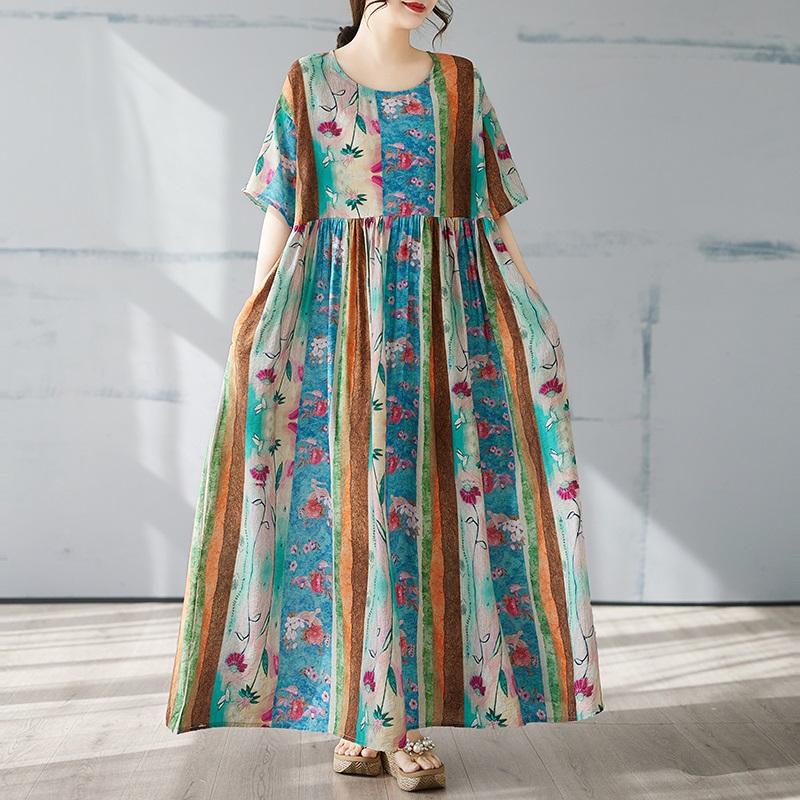 Krátký rukáv Plus size Bavlněné vintage květinové nové šaty pro ženy ležérní volné dlouhé letní šaty