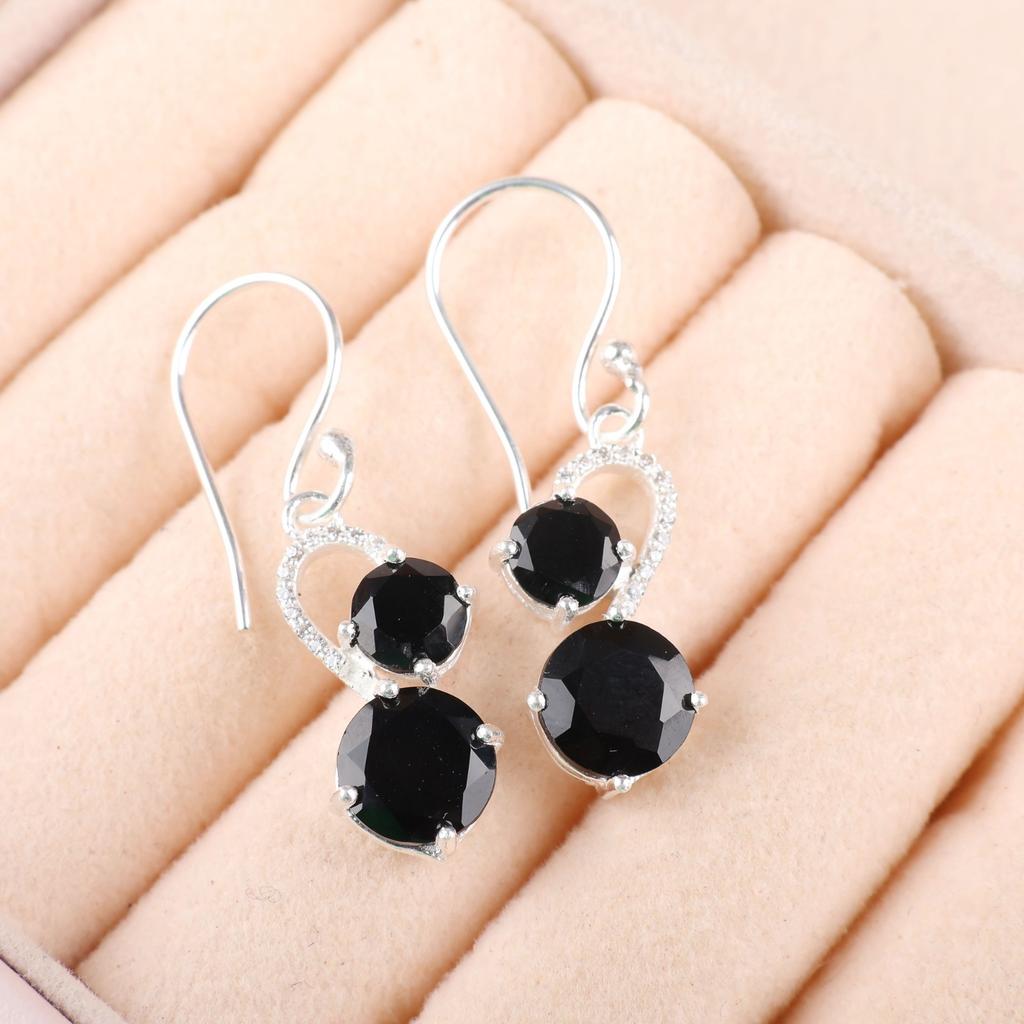 Black Onyx Gemstone 925 Sterling Silver Jewelry Zircon Earrings 1.38" For Gift CZE-3-13