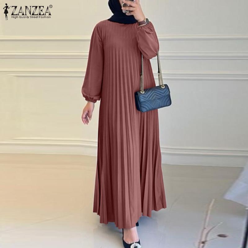 ZANZEA Women Casual O-neck Loose Long Sleeve Pleated Dress