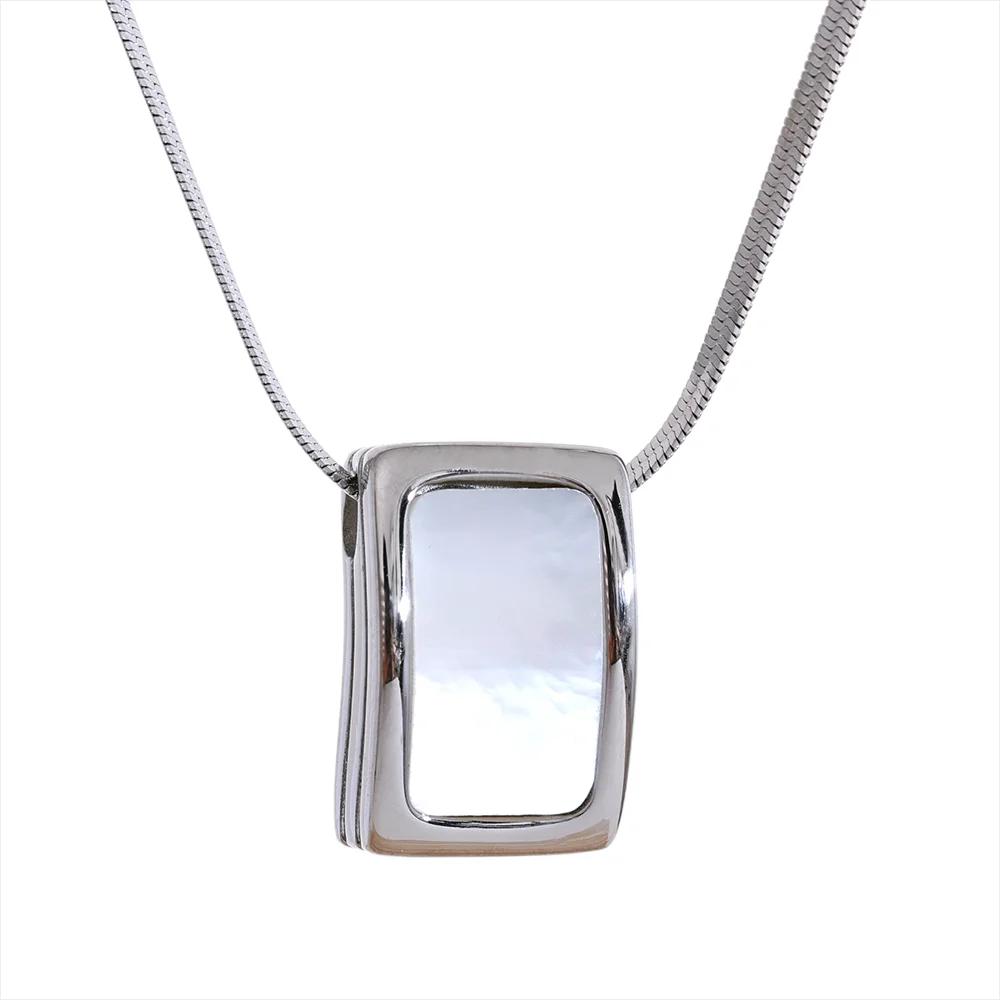 

Yhpup Natural Shell Square Thicker Pendant Stainless Steel Fashion Necklace Unisex High Quality Golden Chain Jewelry Men Women