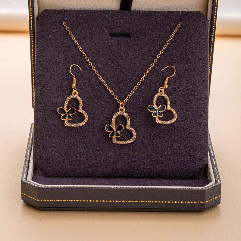 Simple Full Diamond Earrings Necklace Set Retro Love Butterfly Collarbone Chain Ear Hook Women'S Fashion Versatile Jewelry
