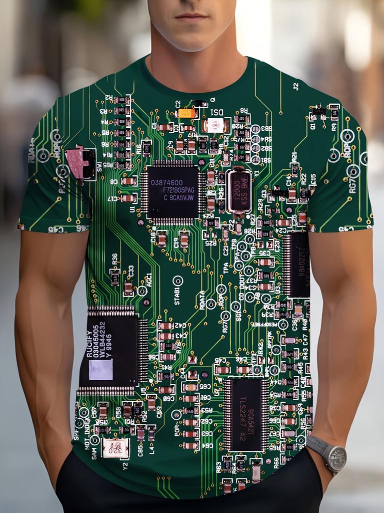Men's 3D Circuit Board Print Green Summer Tee Casual Lightweight Breathable Crew Neck