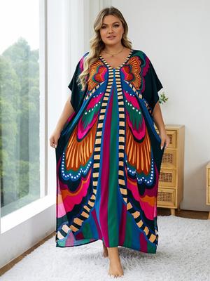 Colorful Women's Kaftan Hot Selling Butterfly Print Bohemian Beach Dress Robe Flattering Light Jacket Bathrobe Vacation Beach Wear Q1342