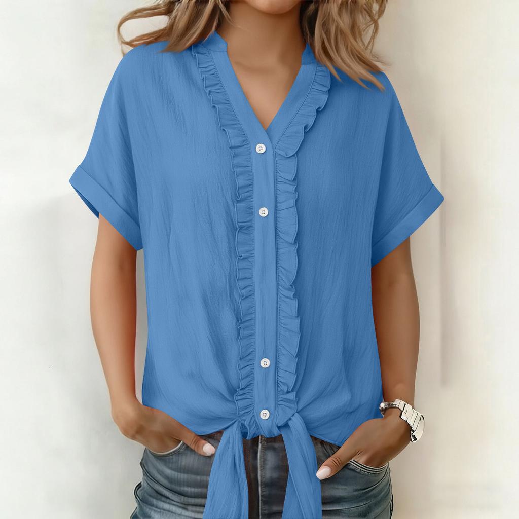 Solid Color Cotton and Linen Casual Fungus Edge Short-sleeved Button-up Shirt for Women