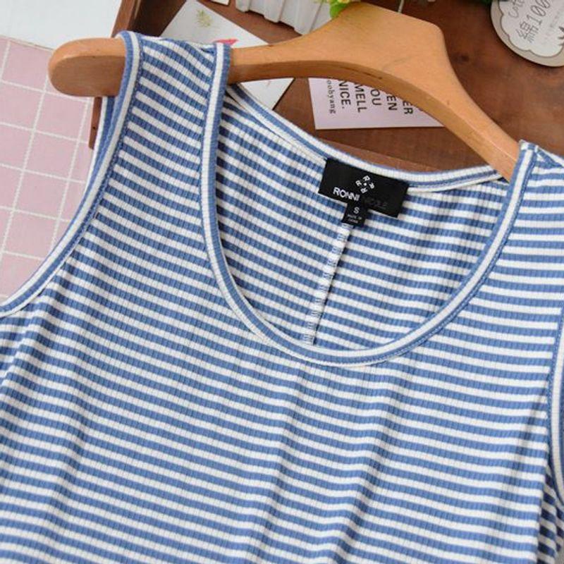 Export Women's Summer Thin Knitting Sunken Stripe Stretch Sleeveless Nightdress Mid Length Long Length Vest Style Pajamas Home Skirt