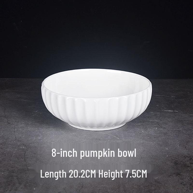 Large White Ceramic Bowl - Creative Pumpkin Design for Soup, Noodles, Kimchi, Ramen, and More. Ideal for Home Tableware in Chinese Style.