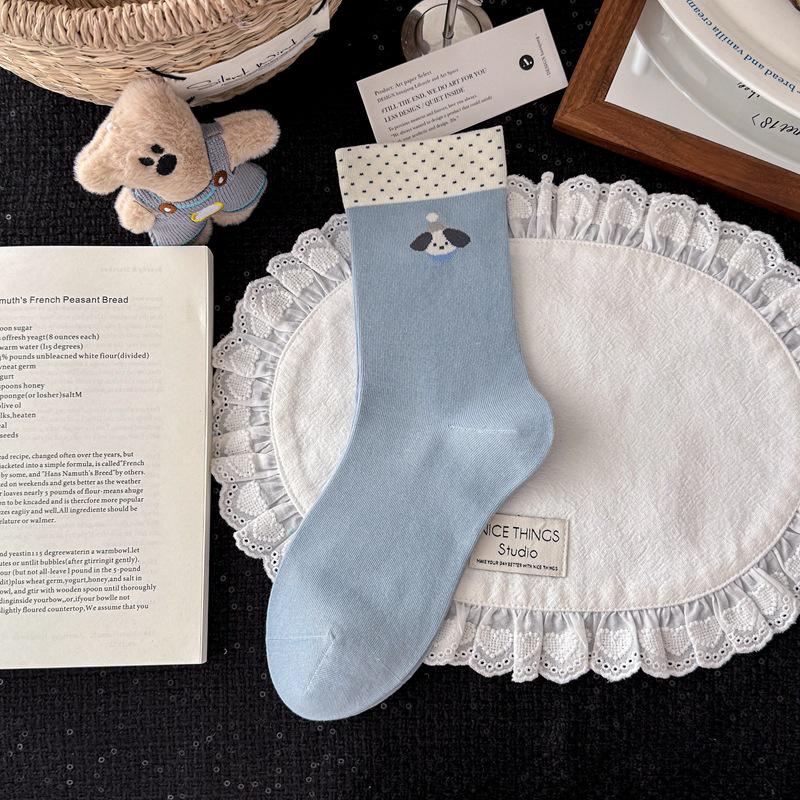 Korean Blue-Gray Striped Mid-Calf Socks - Women's Combed Cotton, Cute Puppy Design