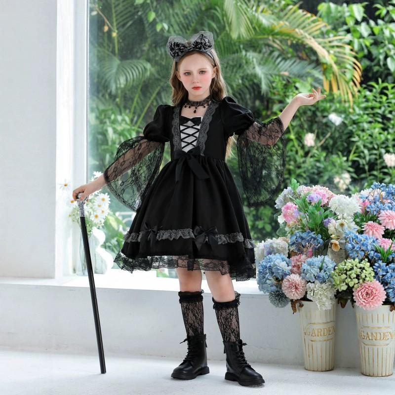 Halloween Witch Costume Girls Lace Dress With Headpiece Necklace Socks Cane Cosplay Outfit Party Performance