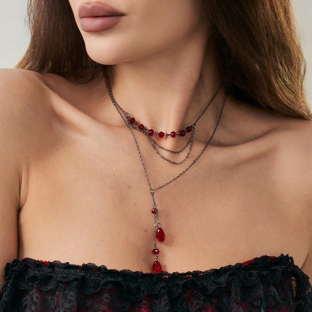 Dark Gothic Imitation Crystal Blood Drop Pendant Tassel Chain Multi-layer Choker Necklace for Women Hallowmas Party Jewelry Gift