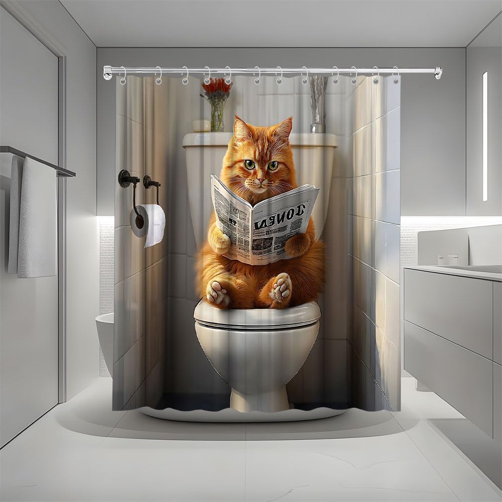Funny Cat Shower Curtain Orange Cat On Toilet Reading Newspaper Lovely Kitten Cute Pet Bath Curtain Fabric Bathroom Accessories