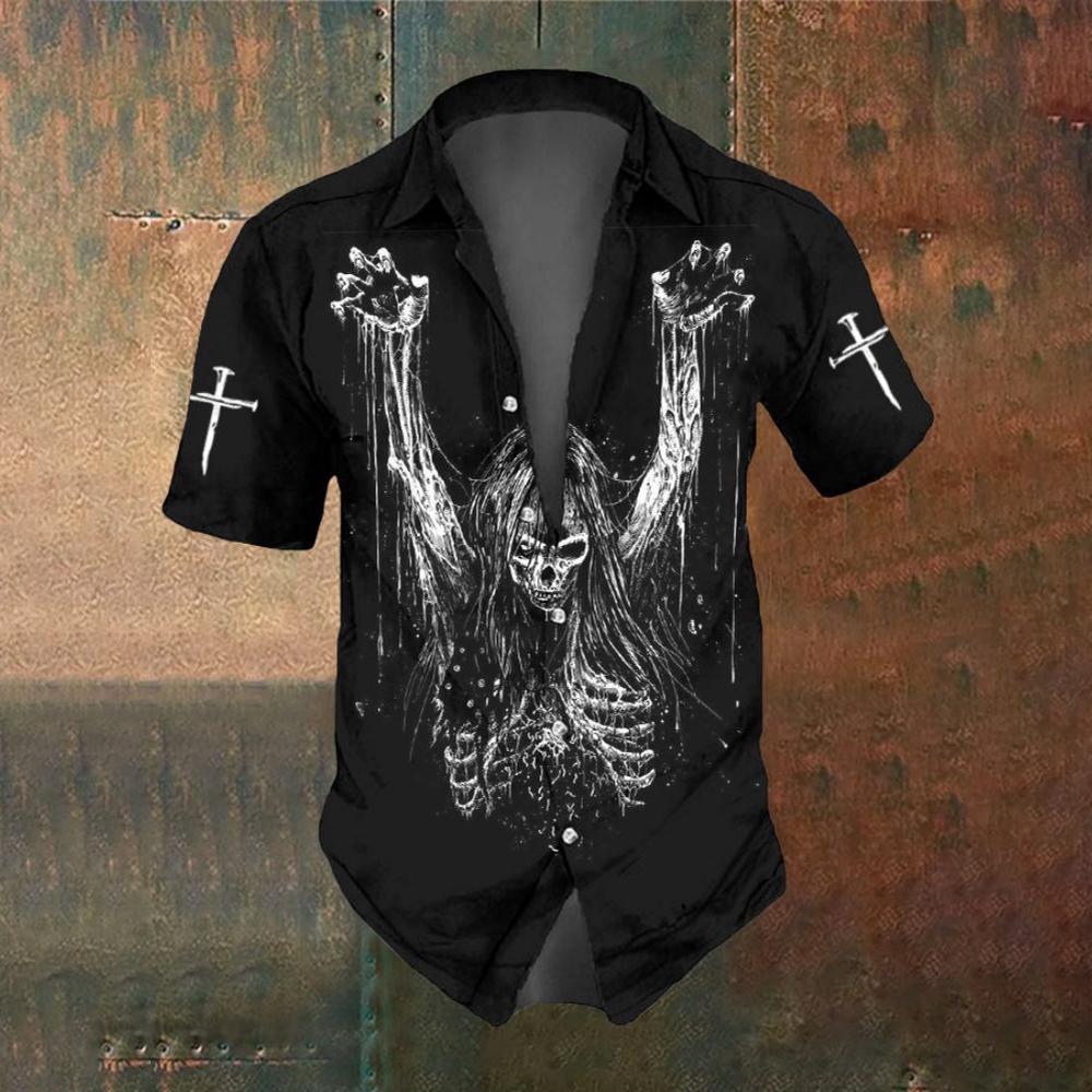 Cross Pattern Horror Skull Men's Short Sleeved Printed Shirt Summer Street Trend Party Men's Oversized Top SIZE S-5XL