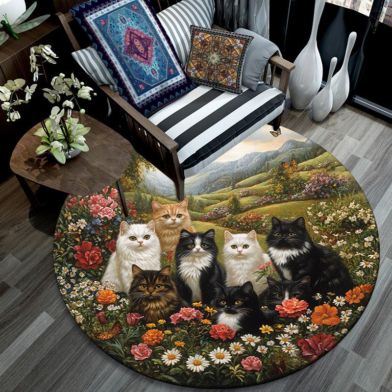 Cats In a Garden Round Area Rug,Carpet Rug for Living Room Bedroom Sofa Playroom Decor,Non-slip Floor Mat
