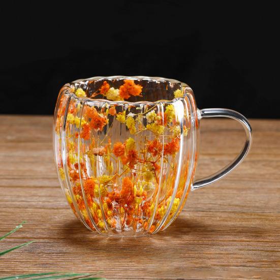 Double-Walled Glass Mug with Dried Flowers 250/350ml Heat Resistant Handle Coffee Cup for Hot Drinks Unique Artistic Glassware