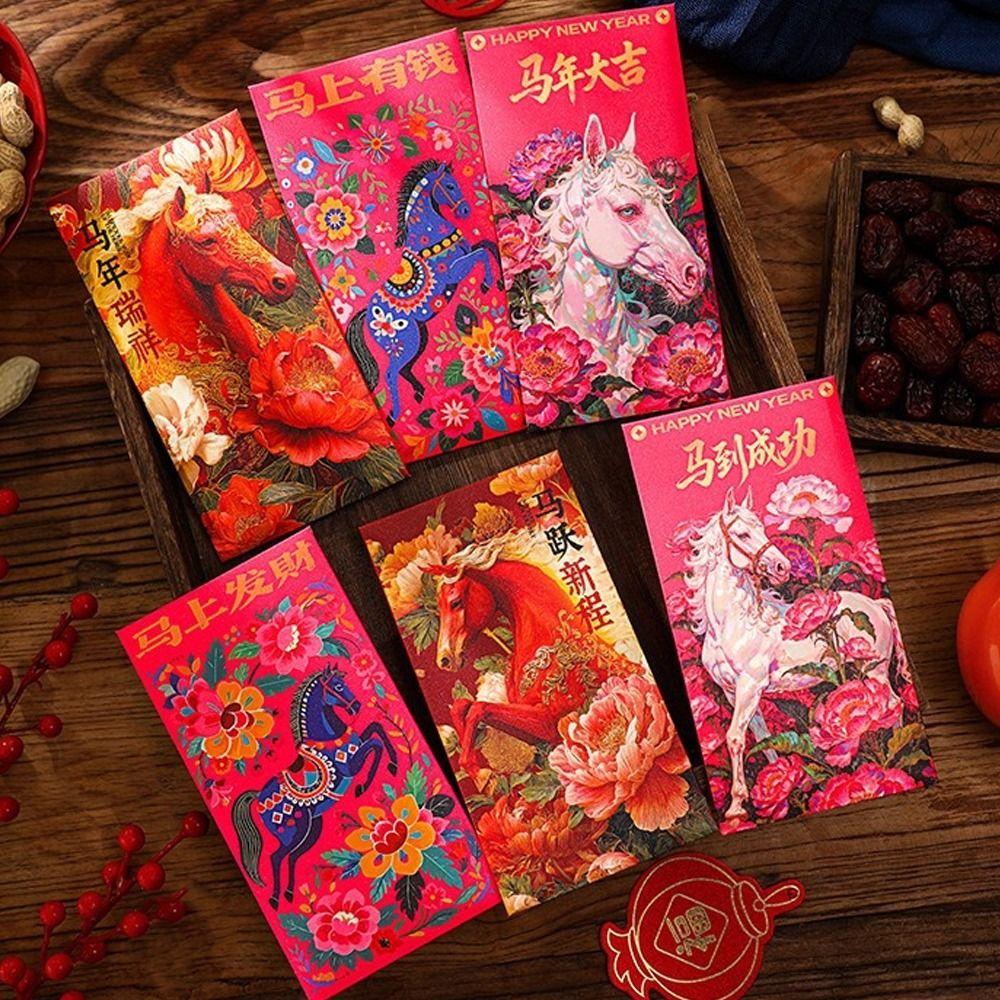 6pcs 2026 Horse Year New Year Red Envelopes Cartoon Red Pockets  Celebration Event