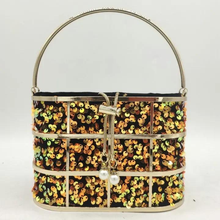 

Boutique De FGG Bling Sequined Women Metal Bucket Clutch Handbags Chain Shoulder Crossbody Bags Party Cocktail Evening Purse Bag Medium