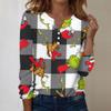 Women's Fashion Casual V-Neck Long Sleeve Decorative Button Christmas Print Top