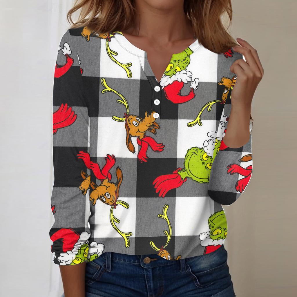 Women's Fashion Casual V-Neck Long Sleeve Decorative Button Christmas Print Top