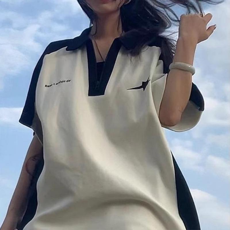 2KWEIRD Koreanischer Y2k-Reißverschluss T-Shirt Vintage Lässig Kpop Mode Sommer Grunge Übergroße Weiße T-Shirts Locker Kurzärmeliges Oberteil