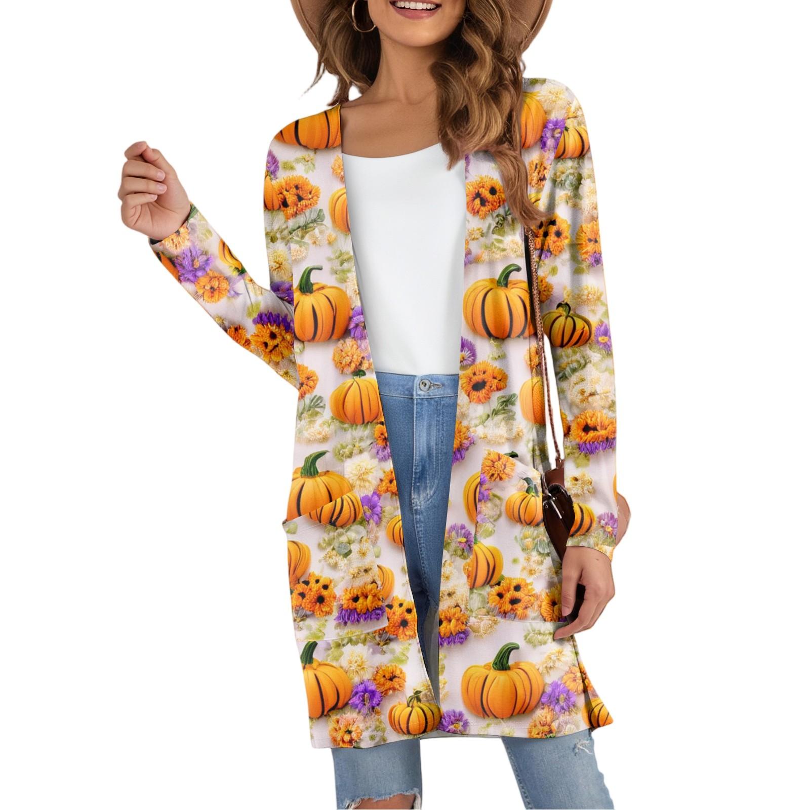 

Women s Fashion Casual Comfortable Halloween Printed Mid-Length Cardigan With Pockets Jacket XL