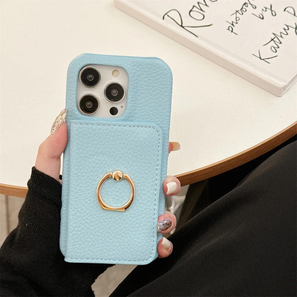 Ring with Card Holder Phone Case for IPhone 15 14 11 Pro Max 13 12 Mini XR XS X Max 8 7 Plus PU Leather Shockproof Shell Cover