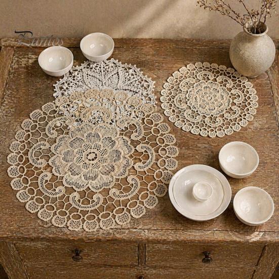 Lace Doilies for Table Decor Round Floral Doily, Embroidered Coaster Place Mat, Heat Insulating Decorative Mats Tea Cups Retro Teapot Vase Dining