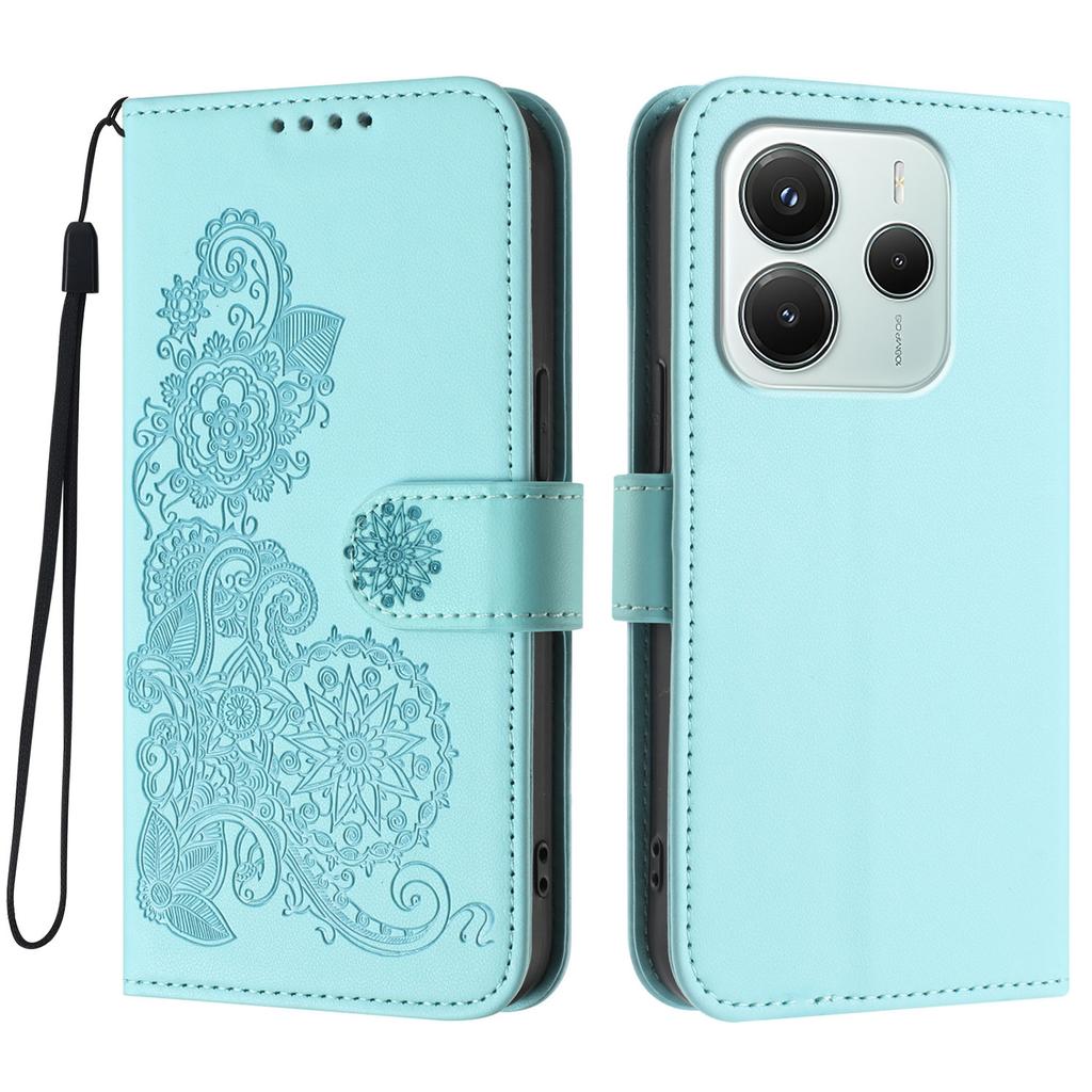 Für Xiaomi Redmi Note 14 4G (164,84 x 78,15 x 8,16 mm) Handyhüllen Mandala Blume Leder Geldbörse Handyhülle mit Trageriemen